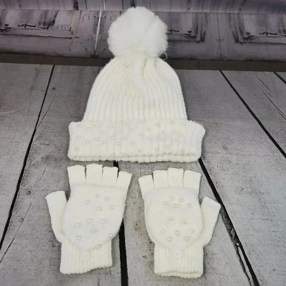 White Knit hat with Super Pom and Faux Pearl Accents Hat and Fingerles Glove set - Picture 7 of 12